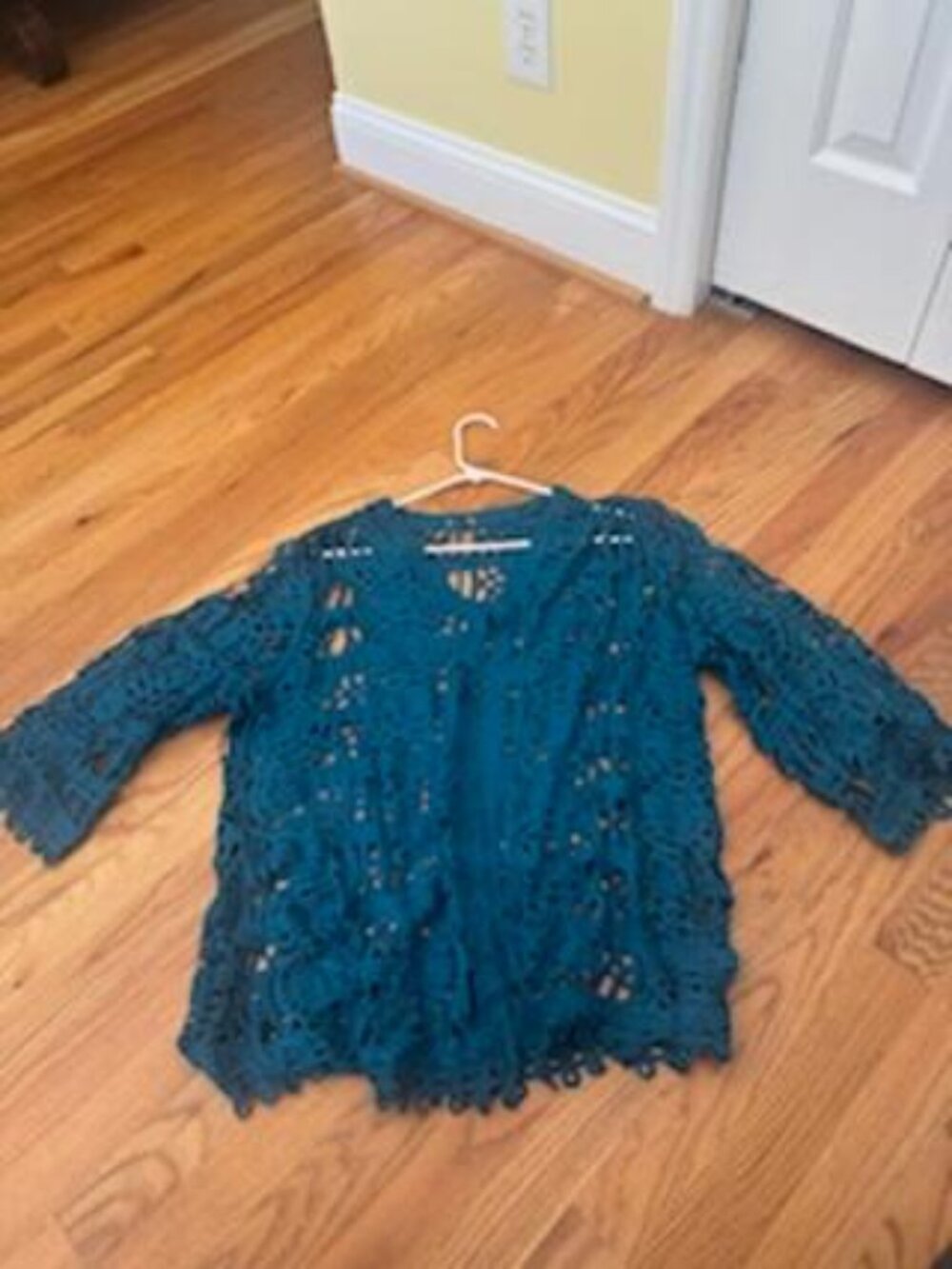 Chicos Refined Teal Crochet cutout top with three quarter sleeves - Picture 3 of 3